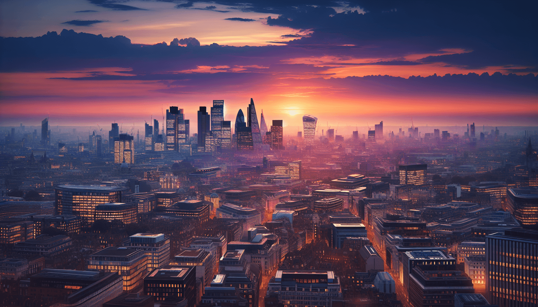 Aerial view of London at sunset